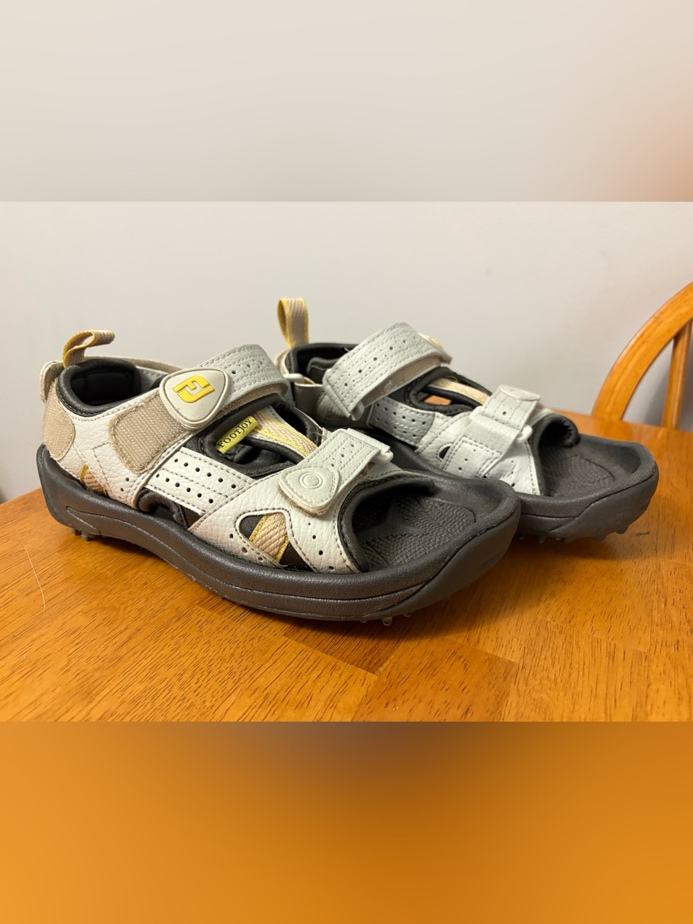 FootJoy White and Black Golf Sandals with Yellow Accents